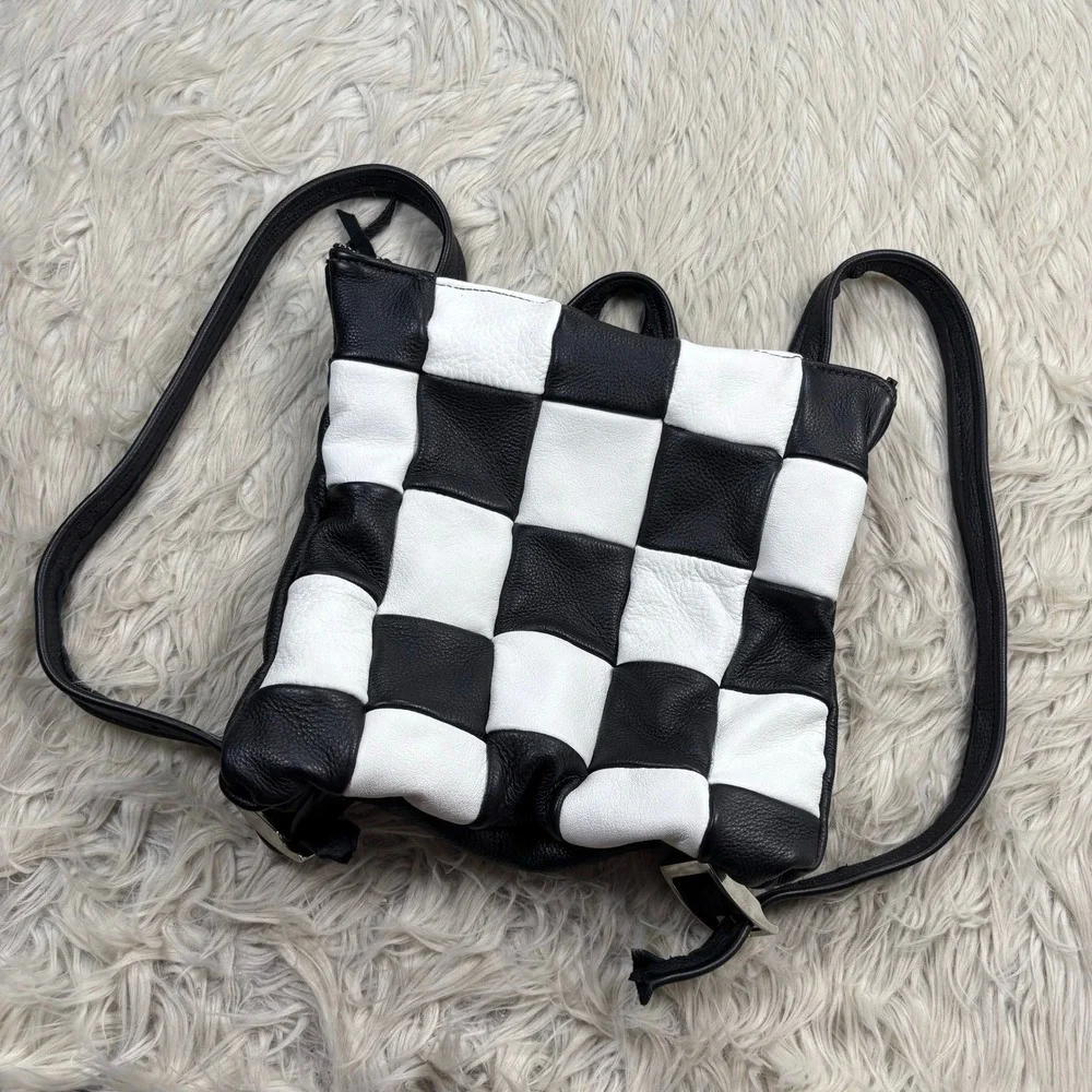 Unbranded Artisan Checkered Leather Backpack Black White Dopamine Minimalist